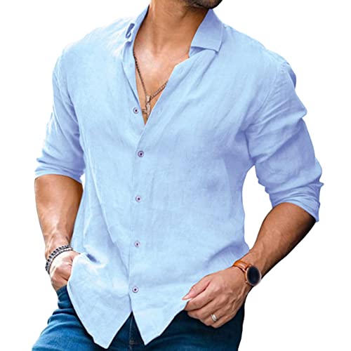 Maiyifu-GJ Mens Long Sleeve Solid Color T-Shirts Casual Cotton Buttons Down Beach Shirts Plain Roll-Up Sleeve Summer Blouses (Blue,Large)