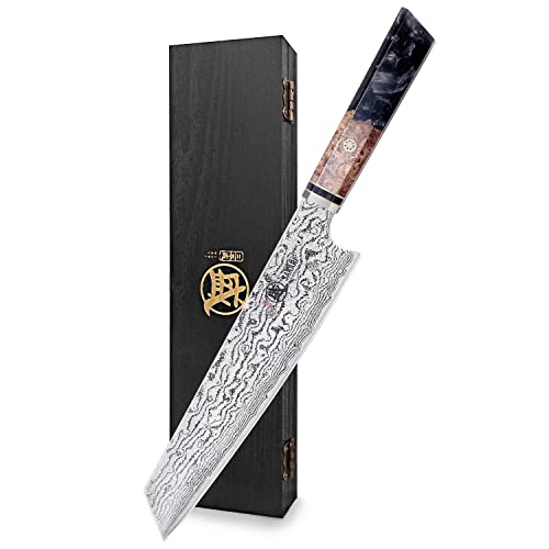 MITSUMOTO SAKARI Japanese Chef Knife, 8 inch Professional Hand Forged Cooking Knife, AUS-10 Premium Damascus Steel Kitchen Sashimi Knife (Shadowwood Pomegranate Handle & Sandalwood Box)
