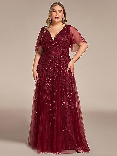 Image of Ever-Pretty Women's Sequin V Neck Plus Size Formal Dresses Evening Gown | Short Sleeve, A-Line, Empire Waist, Plus Size Mother of the Bride Dresses, Plus Size Gala Dress