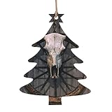 Adornos de madera para colgar en el árbol de Navidad con forma de árbol de Navidad, 6 piezas de decoraciones de Navidad, (calavera de toro con cuernos viejos en pared rústica)