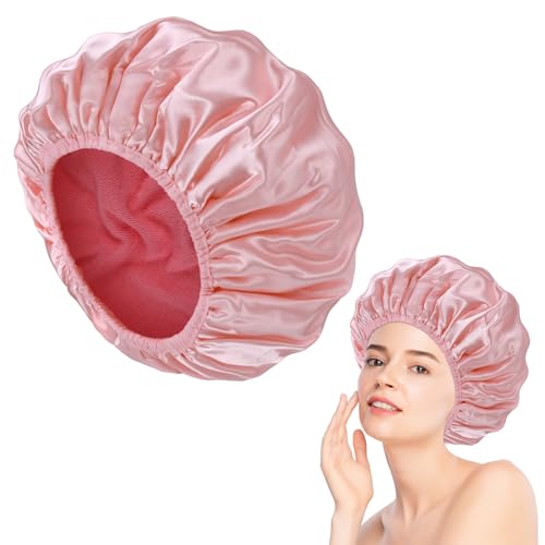 Fentar Gorro de ducha impermeable triple capa para mujer con forro microfibra, prácticos accesorios de baño, envoltura suave reutilizable para cabello largo (rosa)