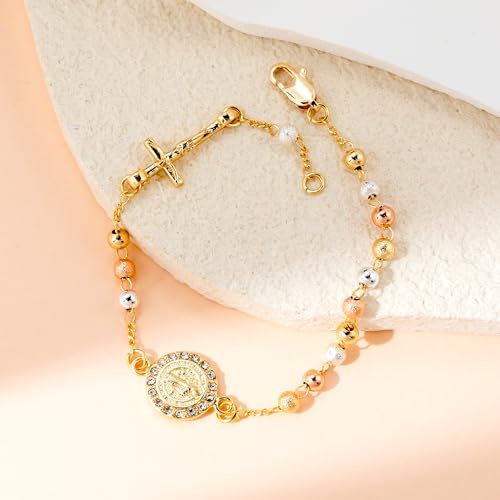 Women Link Bracelets Gold Plated Crucifix Rosary Bead Rose Chain Bracelet2