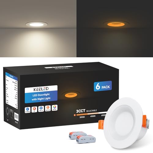 KEELED Downlights for Ceiling, Recessed Lighting with Night Light, 230V, 6W, 3CCT 3000K/4000K/6000K Selectable, 70-85mm Cutout, 6-Pack