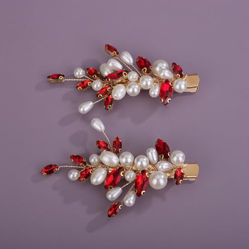 BERYUAN Bridal Teardrop Rhinestone Pearls Hair Clips Crystal Rhinestone French Hairpins Wedding Rhinestone Pearls Handmade Hairpiece Wedding Bridal Hair Accessories for Women(2pcs) (red)