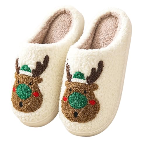 Christmas Slippers for Women, Cute House Shoes with Reindeer, Santa Claus, Gingerbread Man, Xmas Tree, Adult Fluffy Winter Home Slides for Couples, Kawaii Fuzzy Cozy (Elk Green, 6)