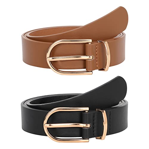 JASGOOD 2 Pack Women’s Leather Belts for Jeans Pants Fashion Ladies Belt with Silver Buckle
