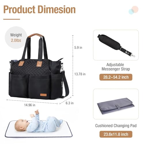 Lekebaby Baby Wickeltasche Bote groß mit Wickelunterlage für Reise, 19 Taschen, Diaper Bag Reisewindeltasche für Mama und Papa, Multifunktions Babytasche, Schwarz Gesteppt
