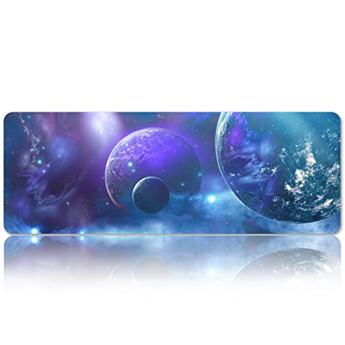 Galaxy Gaming Mouse Pad Purple Blue Planet Large Mousepad With Soft Cloth For Laptop, Stars Universe Nature Landscape Non-Slip Rubber Base Keyboard Pad Extended Desk Mat For Gamer Office 31.5X11.8Inch #TOP2