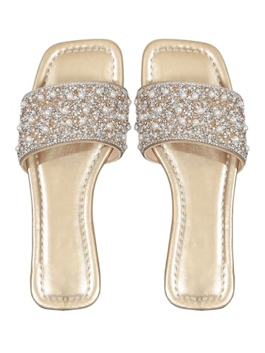 OYOANGLE Women's Rhinestone Flat Sandals Squared Slip on Open Toe Slide Sandals Slippers