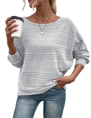 Image of Gemulate Women's Long Sleeve Jumpers Autumn Lightweight Ladies Batwing Tops Long Sleeve Boat Neck Striped Knit Sweater Casual Pullover Grey S