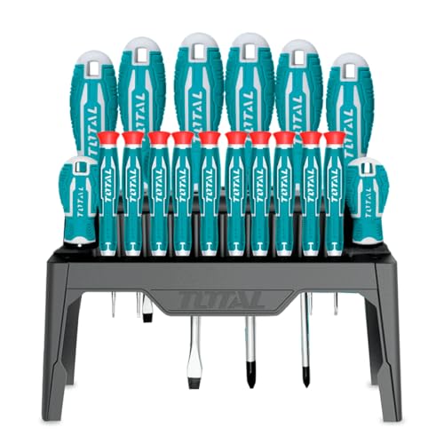 TOTAL - Jeu de Tournevis - Contient 18 Pièces - Chrome Vanadium - Pointe Magnétisée - Manche Ergonomique - Idéaux pour une Utilisation Intensive