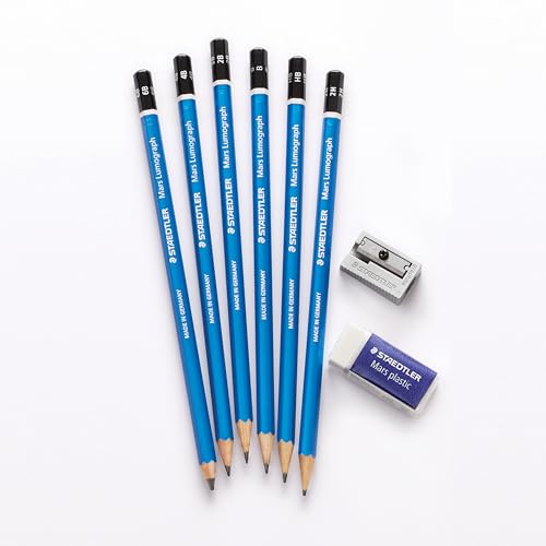 Image of STAEDTLER Mars Lumograph Graphite Artist Sketching Set, 6 Pencils (6B, 4B, 2B, B, HB, 2H), Mini Mars Plastic Eraser, Metal Sharpener