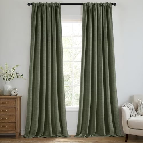 MIULEE 100% Blackout Back Tab Pleat Linen Curtains 50" Wx90 L,Olive Green