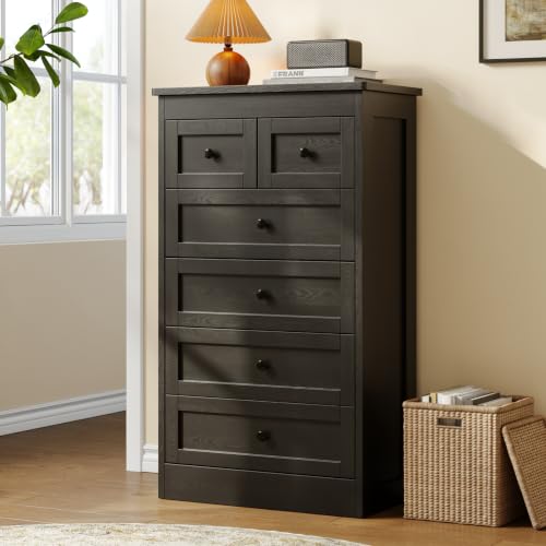 Tall 6 Drawer Dresser for Bedroom, Black Modern 43.3'' Tall Wood…