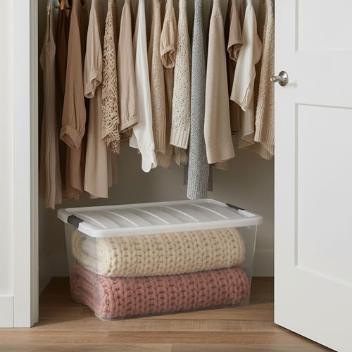 Image of IRIS USA 94 Qt Stackable Plastic Storage Bins with Lids, 4 Pack - BPA-Free, Made in USA - See-Through Organizing Solution, Latches, Durable Nestable Containers, Secure Pull Handle - Clear /White
