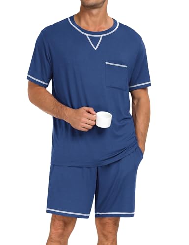 Image of SWOMOG Mens Pajamas Set Summer Sleepwear Short Sleeve Pjs Set Soft 2 Piece Lounge Set Comfy Loungewear with Pockets