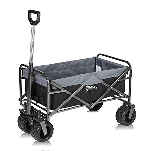 Sekey Faltbarer Bollerwagen Faltwagen Handwagen Außenschubkarre Strandwagen Folding Wagon Outdoor Gartenanhänger Transportwagen für Alle Gelände Geeignet, Schwarz mit Grau…