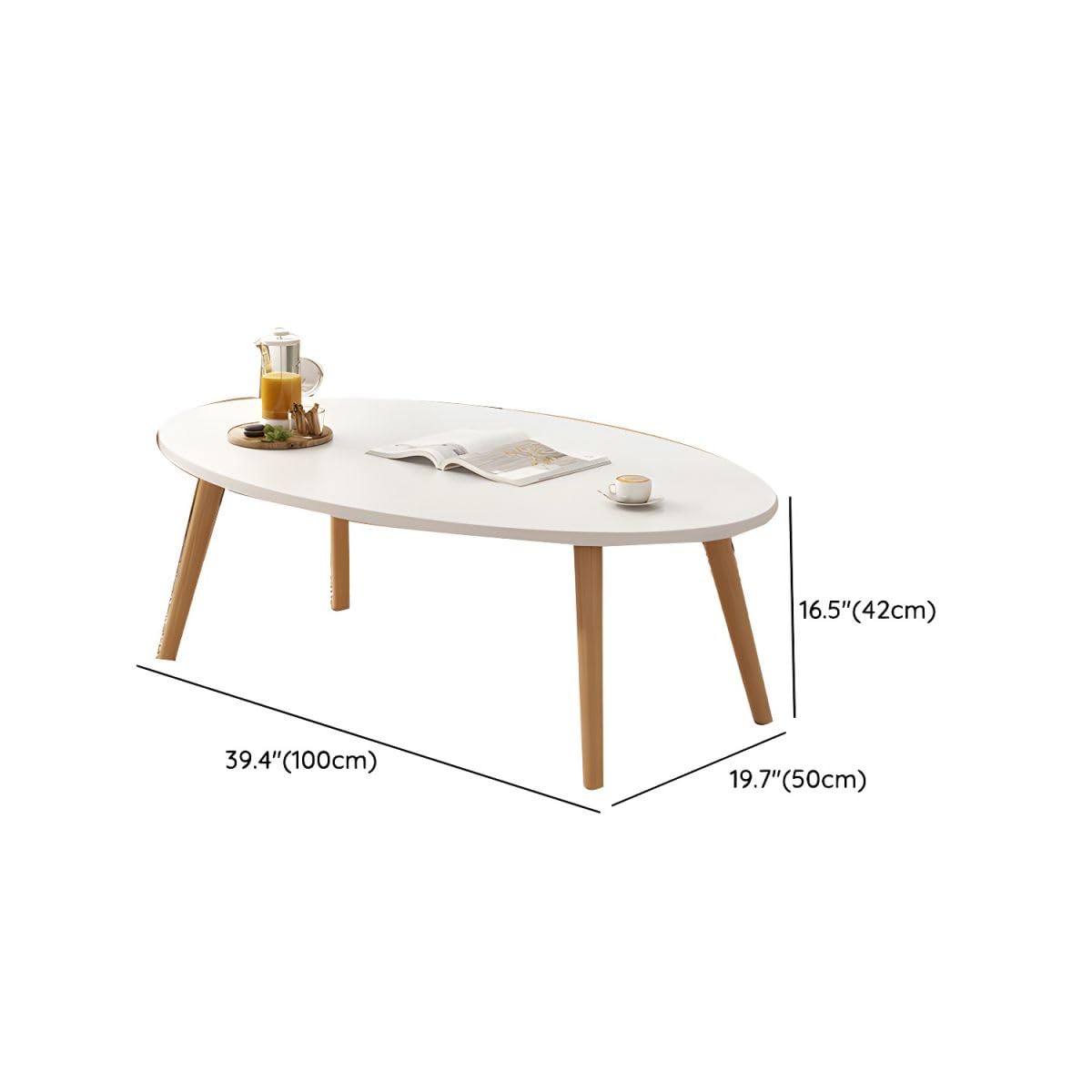 Owalny stolik kawowy z półką do salonu i balkonu, nowoczesny design z drewnianymi nogami