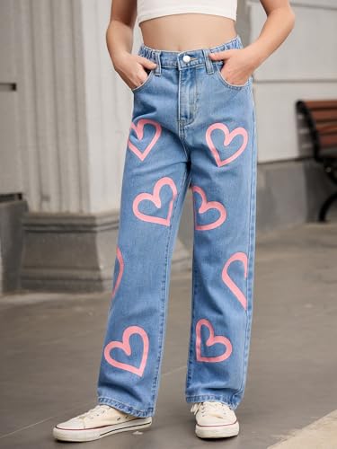 OYOANGLE Girl's Cute Heart Print Elastic Waist Straight Leg Jeans Trendy Denim Pants2