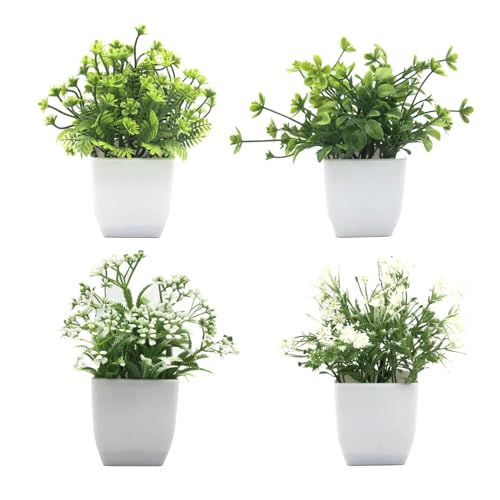 SanKristo 4 Piezas Plantas Artificiales en Macetas, Altura 16cm Pequeña Planta Sintético Edelweiss, Milenrama, Margarita, Mini Plantas Falsas de Interior y Exterior para Decoración de Dormitorios