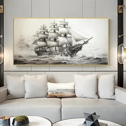 Toile vintage voilier et grand paysage marin pour une invitation au voyage dans le salon
