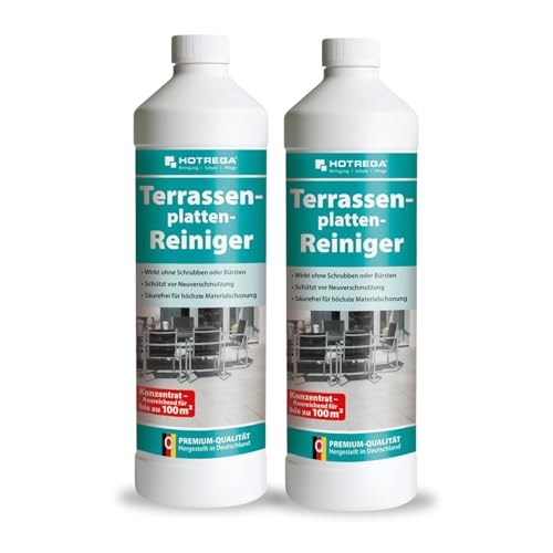 HOTREGA Terrassenplatten Reiniger 2x 1Liter | Selbsttätiger, säurefreier Steinreiniger für Naturstein & Betonwerkstein | Terrassenreiniger für Draußen
