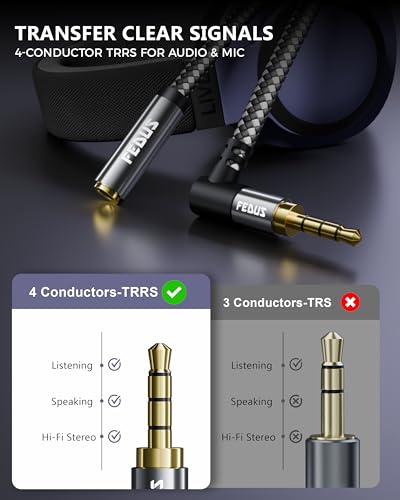 Image of FEDUS Bass-X 3.5mm Male to Female Audio Extension Cable with Mic Support, 1 Meter 90 Degree L-Shape TRRS 4 Pole Conductor Stereo Aux Cord, Extender for Laptop, Phone, Car, Gaming, Speakers, Headphone
