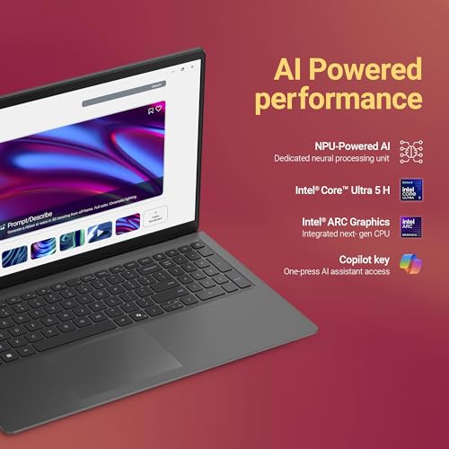 Image of Dell 15 AI Powered Laptop, Intel Core Ultra 5 225H, 8GB DDR5 RAM, 512GB SSD, 15.6 inch FHD Anti-Glare Display, Intel Arc Graphics, Standard Keyboard, Dedicated Copilot Key, Black, Win11 Home + MSO H&S'24