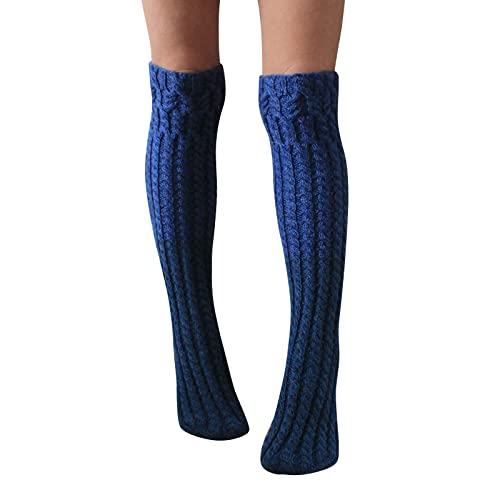 Zldhxyf Calcetines de botas hasta los muslos con estampado trenzado, para mujer, medias de invierno extralargas por encima de las rodillas, medias a rayas, Blau, Talla única Cover