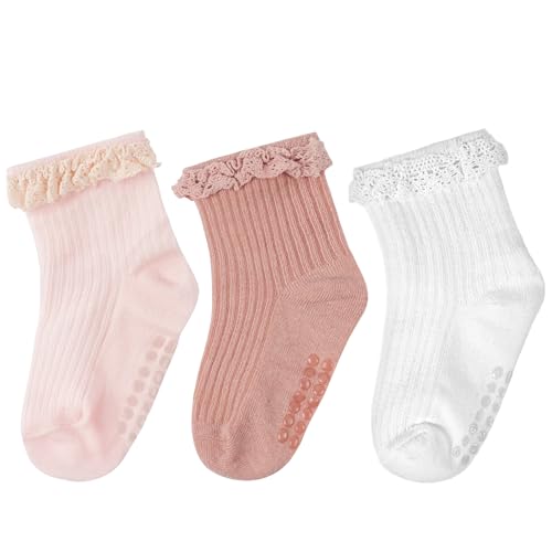 Aolso Chaussettes à nœud en Dentelle, 3/6 paires Bébé en Coton Doux et Confortables, Chaussettes à Froufrous Antidérapantes Dentelles pour Nouveau-nés...
