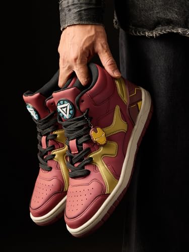 Image of The Souled Store Iron Man: Arc Reactor Men and Boys High Top Sneakers Maroon and Gold Streetwear Smooth Synthetic Cushioned Midsole Red Rubber Sole Lace Up Closure Padded Ankle Collar