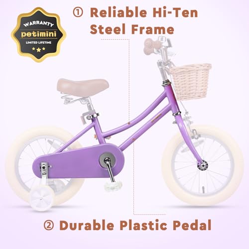 Image of Petimini Vintage Kids Bike for Girls, 12-20 Inch Classic Bicycle with Wicker Basket & Bell, High Tensile Steel Frame, Training Wheels (12-18 inch), 85% Pre-Assembled, Retro Bike for Outdoor Riding