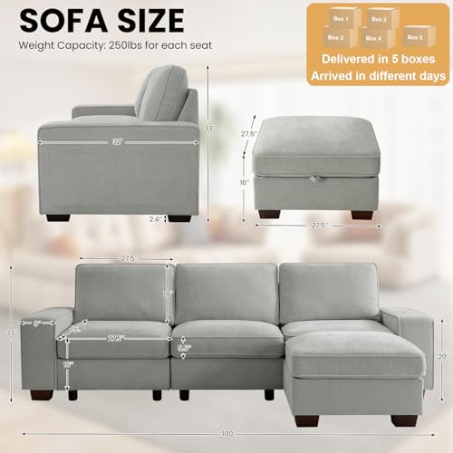 Image of TEKAMON 100 inch Modular Sectional Sofa with Seats Storage, L Shape Couch with Movable Ottoman for Living Room, Couch with Chaise, Solid Wood Frame, Spring Cushions, USB Port, Removable Covers, LightGrey