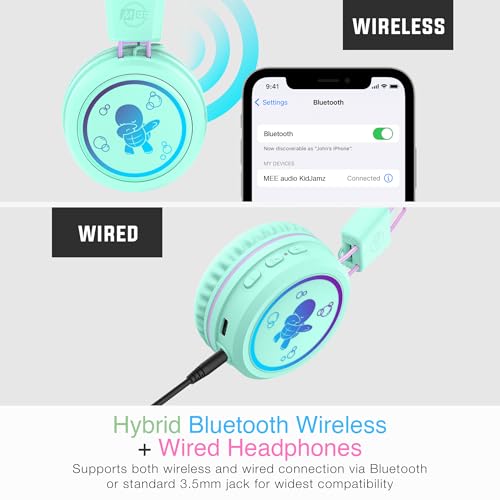 Image of MEE audio KidJamz KJ55BT Personalized Bluetooth Wireless Safe Listening Headphones for Kids w /Custom LED-Backlit Design, Volume Limiter, Microphone; Kids Headset for School /iPhone /iPad /Tablet (Mint)