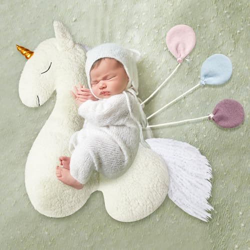 Image of Yousoontic 1 Pcs Newborn Single Side Baby Photography Props with 3 Cotton Cloth Balloons Unicorn Horse Pillow Newborn Photo Props for Girl Boy Animal Shaped Posing Photoshoot Baby