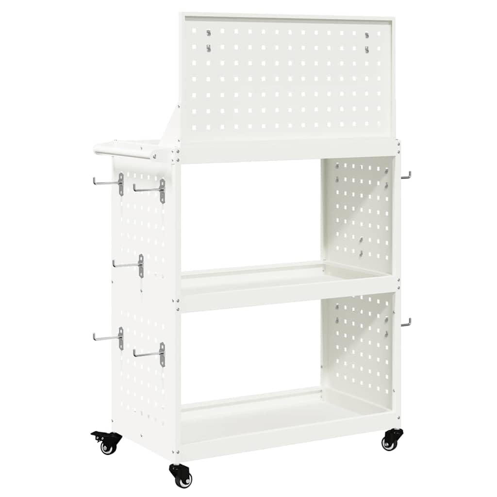 Carrello portautensili bianco in acciaio laminato a freddo, 65 x 35 x 111 cm, con 3 ripiani, 12 ganci e ruote bloccabili, per officina, garage e sala hobby, conservazione e ordine efficienti
