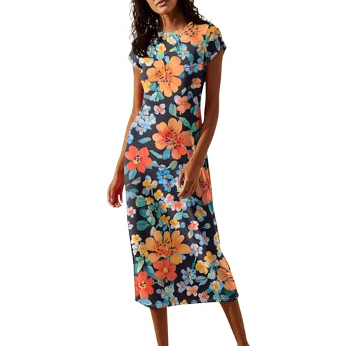 WDCHAOYUE Tunika-Kleid Damen Gym mit Gummizug Tunika-Kleid Rundhals Polyester Kurzarm Somme Kleider Mädchen Große Größen Y2k Slim mit Print Orange
