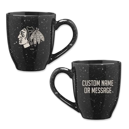 Image of Rico Industries NHL Hockey Chicago Blackhawks Black Personalized 16 oz Team Color Laser Engraved Speckled Ceramic Coffee Mug