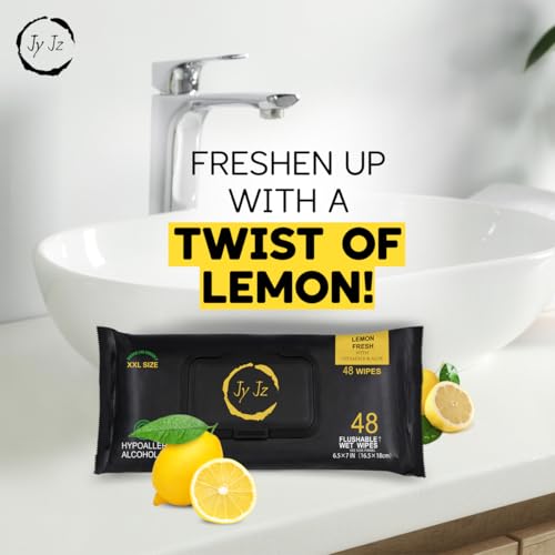 Image of Flushable Wet Wipes, 6 Pack (288 Wipes), New & Improved Lemon Fresh, Disposable, Biodegradable, XL, Aloe & Vitamin-E, Marine Life Friendly, Utterly Smooth, Bespoke Freshness, Irresistible!