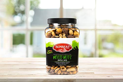 SUNBEST NATURAL Mixed Nuts Roasted & Salted 28oz Jar Resealable Canister. CASHEW, ALMOND, PECANS, FILBERTS, BRAZIL NUTS