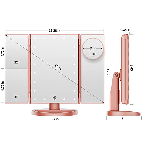 Makeup Mirror Vanity Mirror With Lights, Lighted Makeup Mirror With 2X 3X 10X Magnification, 21 Led Trifold Compact Mirror, Touch Dimming Light Up Mirror, Dual Power Supply, Gifts For Women(Rose Gold) #TOP6
