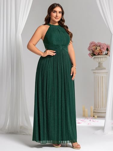 Image of Ever-Pretty Plus Women's Floor Length A-Line Halter Sleeveless Pleated Glitter Plus Size Formal Dress Evening Gown