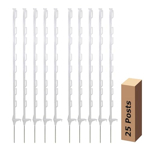 BEIYI 25 Pack Electric Fence Posts 48 Inch Plastic Step in Fence Post Temporary Fence Posts for Farm Protection and Livestock White