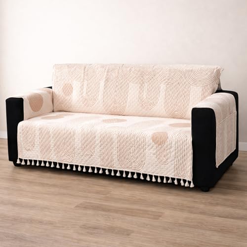 Image of House of Quirk IKATRA Series Quilted Printed Sofa Cover for Indian Sofa Set with Side Pocket - Premium Washable, Anti-Slip, Durable & Ultra Soft Fabric Protector (Beige Loom, Two Seater)