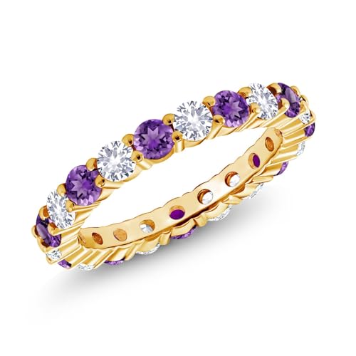 Gem Stone King Purple Amethyst and White Created Sapphire 18K Yellow Gold Plated Silver Women Eternity Band Ring (2.30 Cttw Round Cut, Available in size 5, 6, 7, 8, 9)