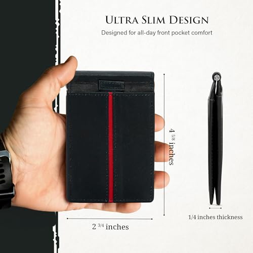 Image of ROGUE WALLET Genuine Leather Minimalist Wallets - RFID Blocking with Money Clip - Interior & Exterior Card Pockets & More - Gift for Men (Red Line)
