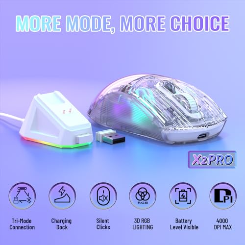ATTACK SHARK X2 Pro Wireless Gaming Mouse with RGB Charging Dock,Tri-Mode PC Gaming Mice 2.4G/Bluetooth/Wired,Noiseless Mouse RGB Backlit,Transparent Shell,PixArt 3212 4000 DPI,for Win/MAC,White - Image 3