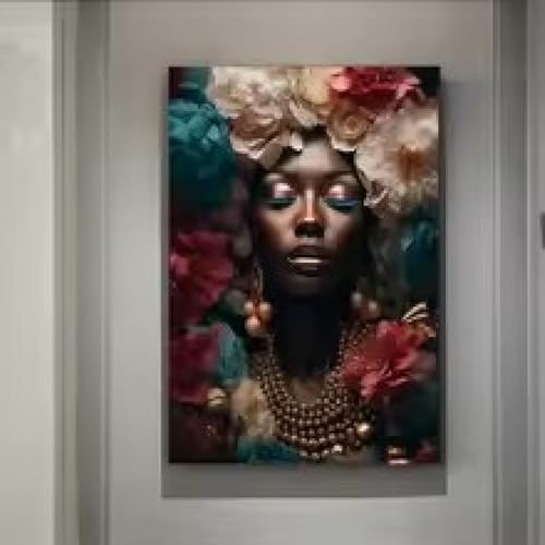 Toile fille afro et fleurs décoration bohème pour salon chaleureux
