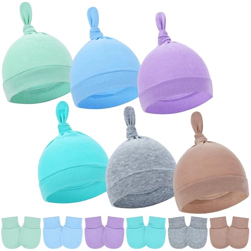 Cinaci 6 Sets Soft Stretchy Cotton Cute Knot Turban Hats and No Scratch Mittens Nursery Hospital Caps Beanies Bonnets Gloves Set for 3-9 Months Unisex Baby Girls Boys Newborns Infants Toddlers