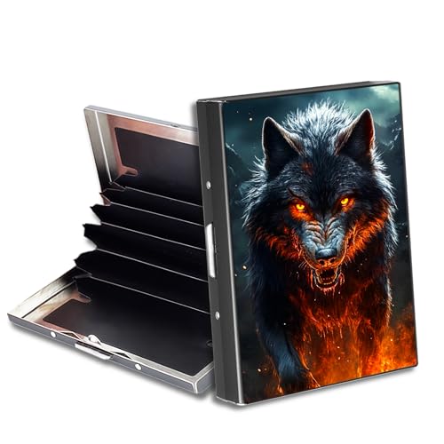Metal Wallet for Men & Women, Slim RFID Blocking Aluminum Credit Card Holder with 6 Card Slots, Minimalist Front Pocket Wallet Thin Business Travel Holder Case, Fiery Wolf